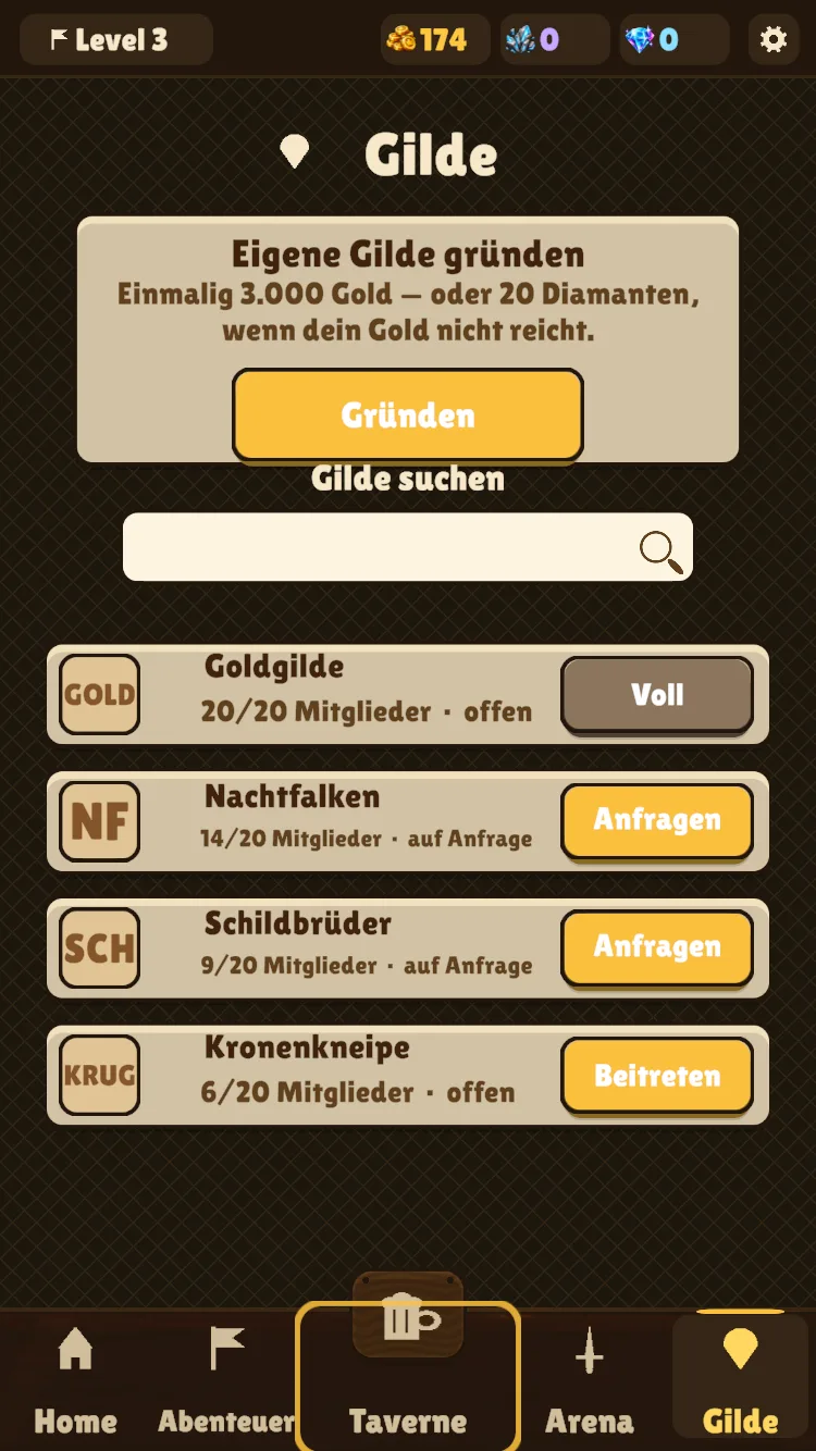 Archivierter Gildenlobby-Capture als Beispiel eines Bildschirms mit lokalem oder servergestütztem Dienst