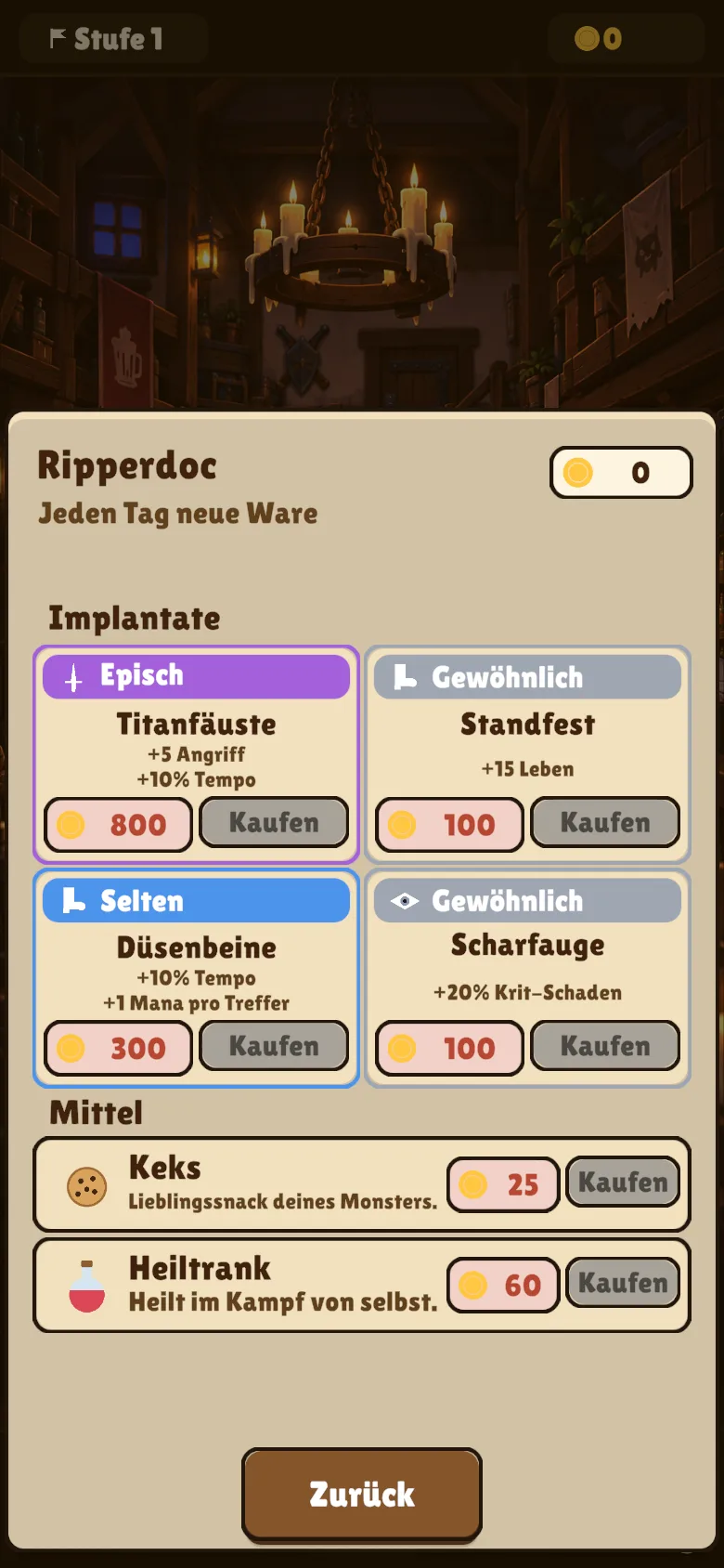 Archivierter Phonemon-Capture des Ripperdoc-Shops mit Implantat- und Verbrauchsangeboten